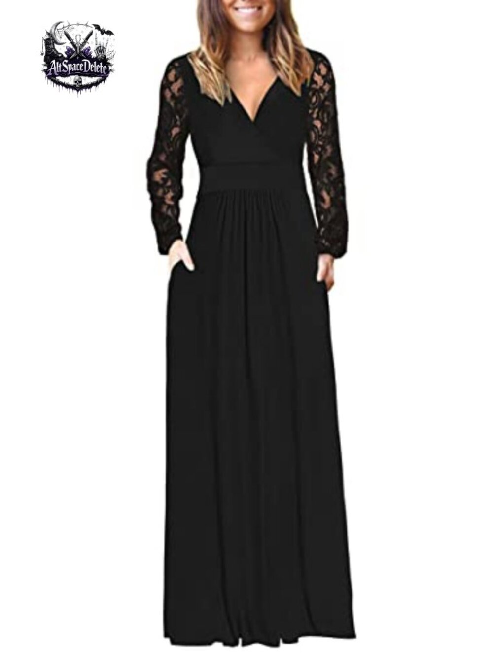 Lace Long Sleeve Maxi Dress V Neck Wrap Formal Party